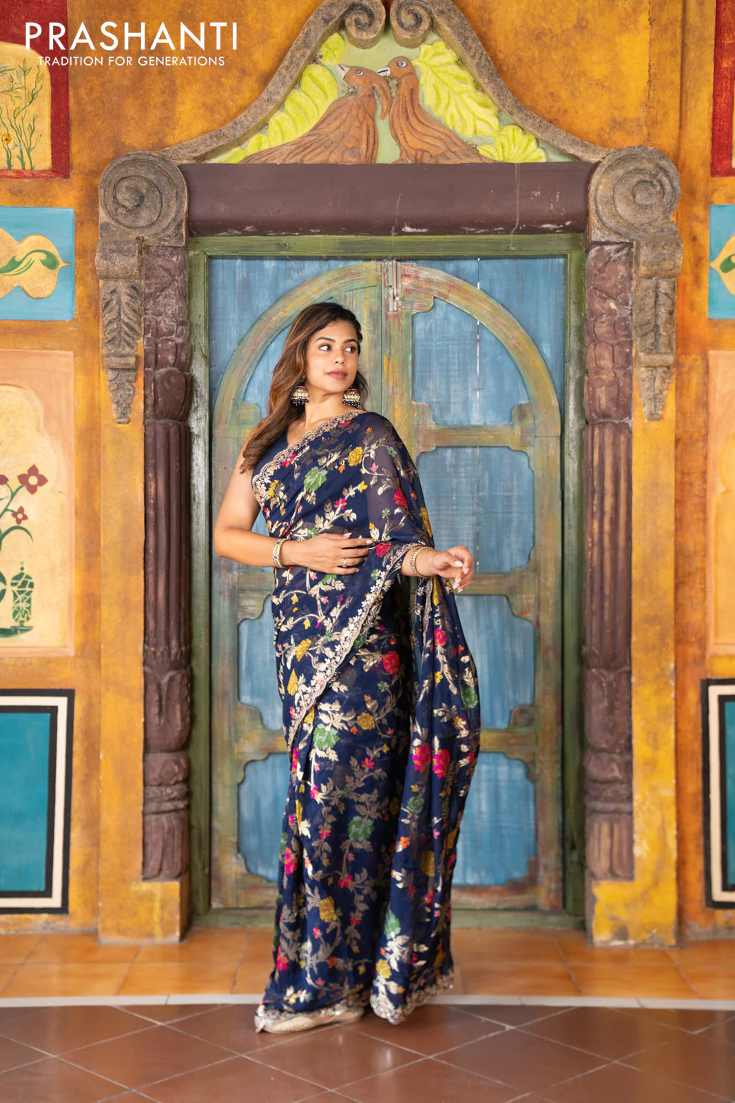 Pure organza silk saree dark blue with allover thread & zari weaves and gottapatti lace & mirror work border - Image 6