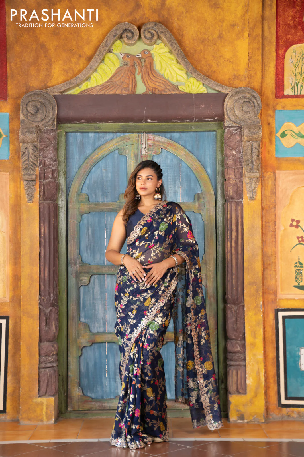 Pure organza silk saree dark blue with allover thread & zari weaves and gottapatti lace & mirror work border - Image 8