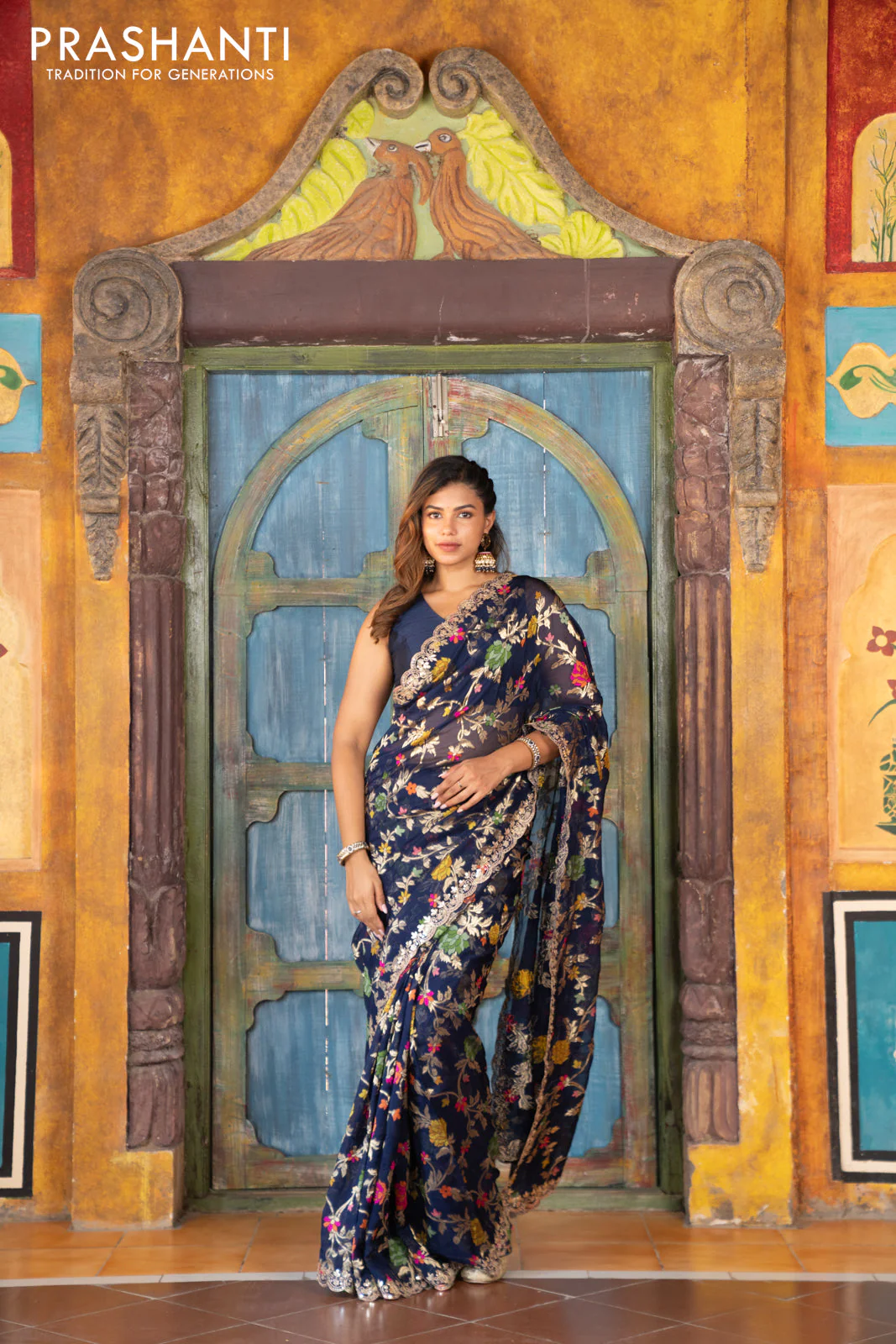 Pure organza silk saree dark blue with allover thread & zari weaves and gottapatti lace & mirror work border - Image 9