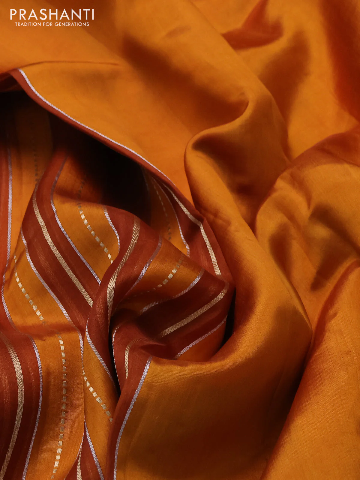 Pure organza silk saree dark mustard with allover zari woven stripes pattern in borderless style - Image 3