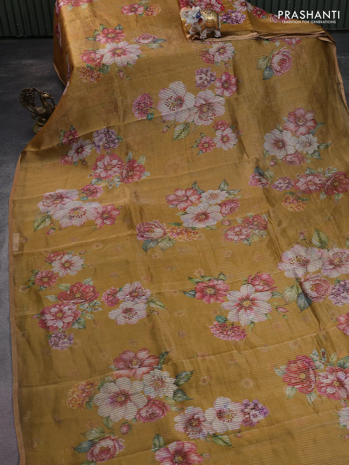 Pure organza silk saree dark mustard with floral digital prints & zari stripe pattern and zari woven piping border - Image 2