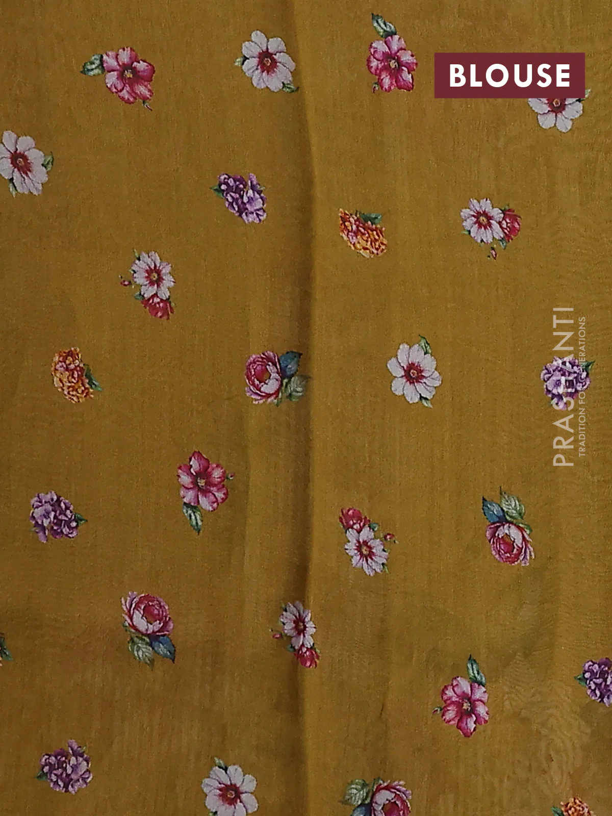Pure organza silk saree dark mustard with floral digital prints & zari stripe pattern and zari woven piping border - Image 3