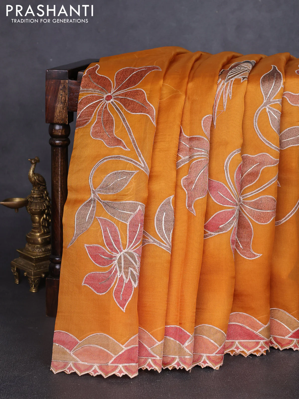 Pure organza silk saree dark mustard with prints & pita work