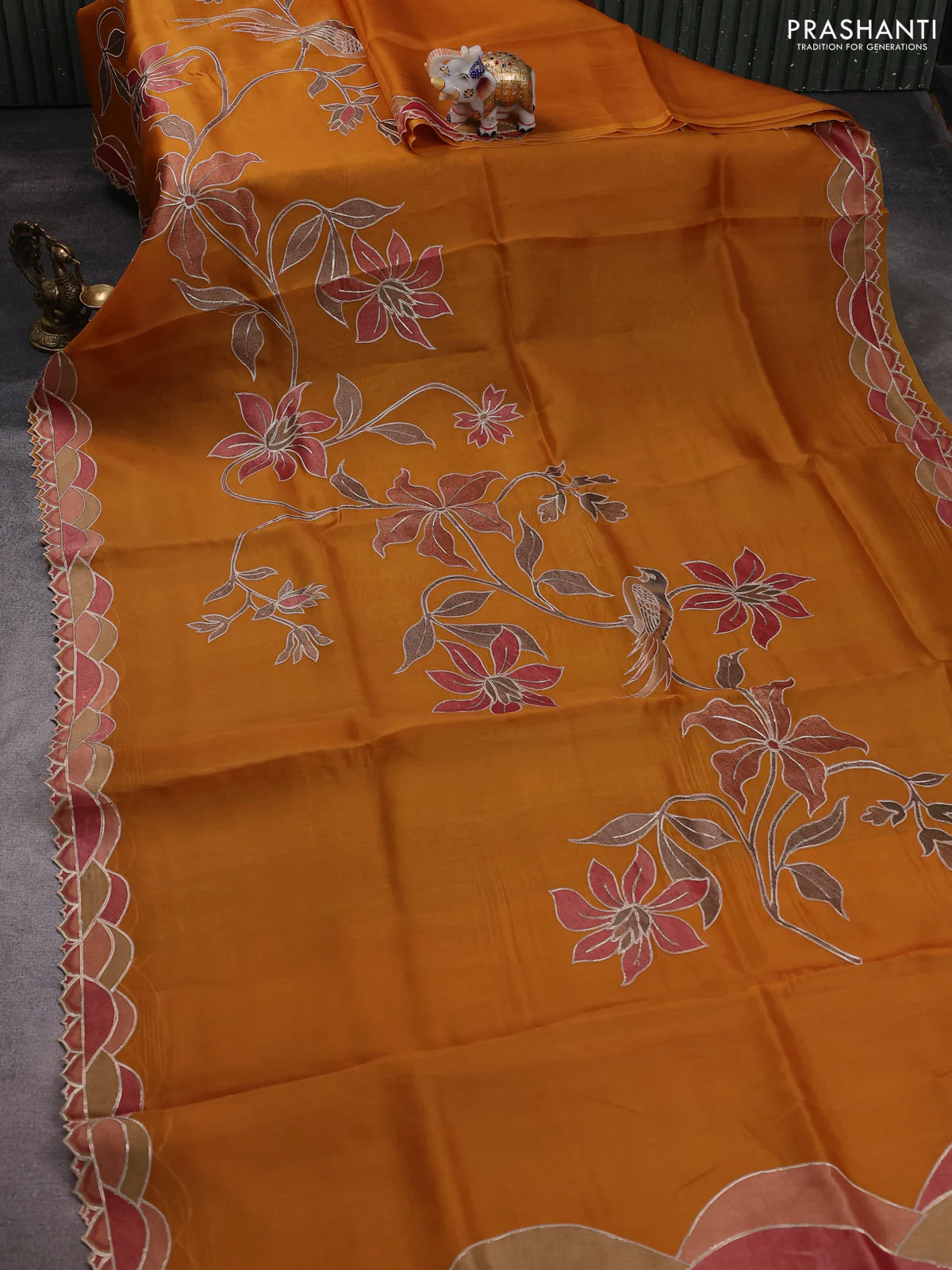 Pure organza silk saree dark mustard with prints & pita work - Image 2