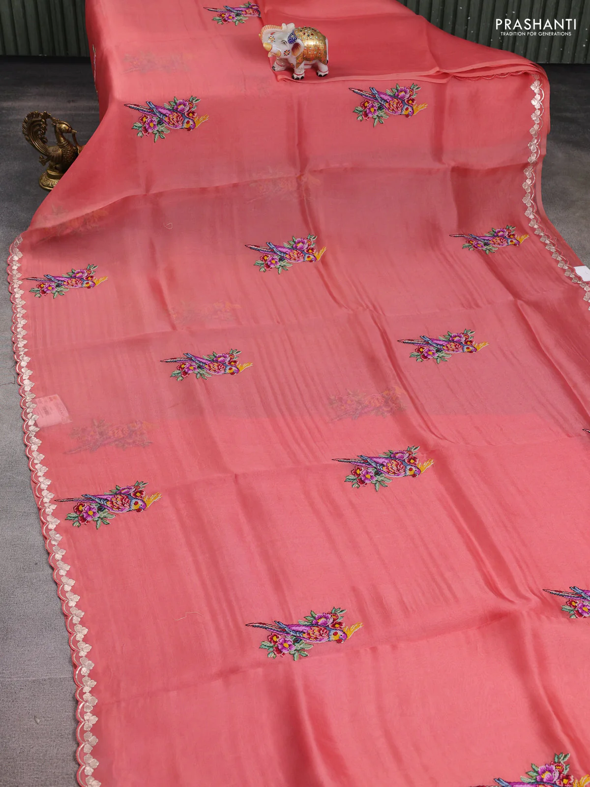 Pure organza silk saree dark peach with convent embroidery and embroidered border - Image 2