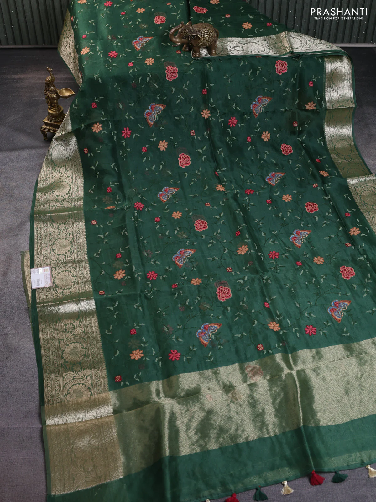 Pure organza silk saree green with allover floral embroidery and long zari woven border - Image 2