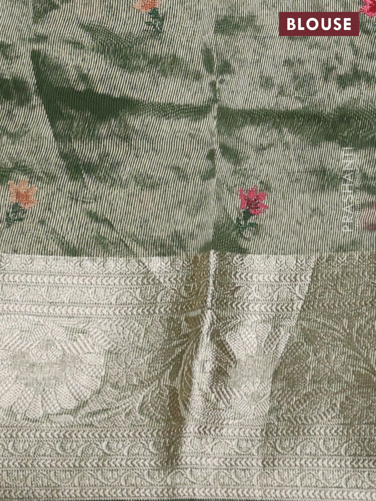 Pure organza silk saree green with allover floral embroidery and long zari woven border - Image 3