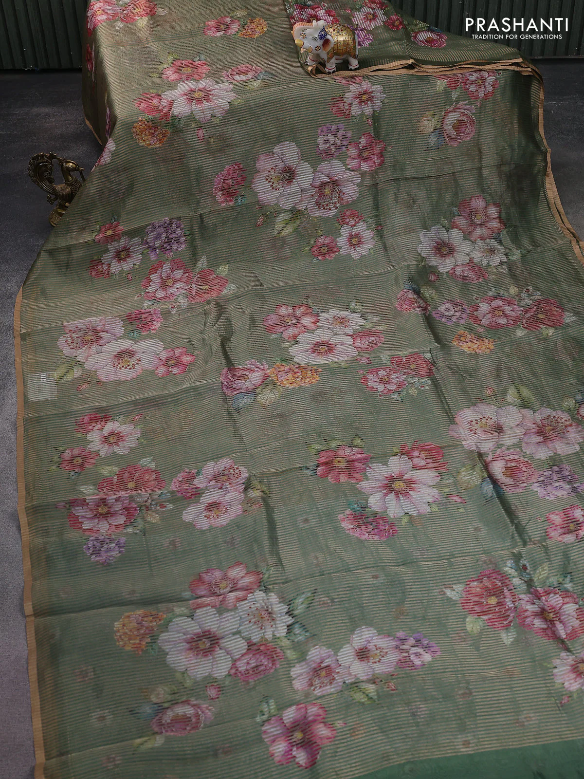 Pure organza silk saree green with floral digital prints & zari stripe pattern and zari woven piping border - Image 2