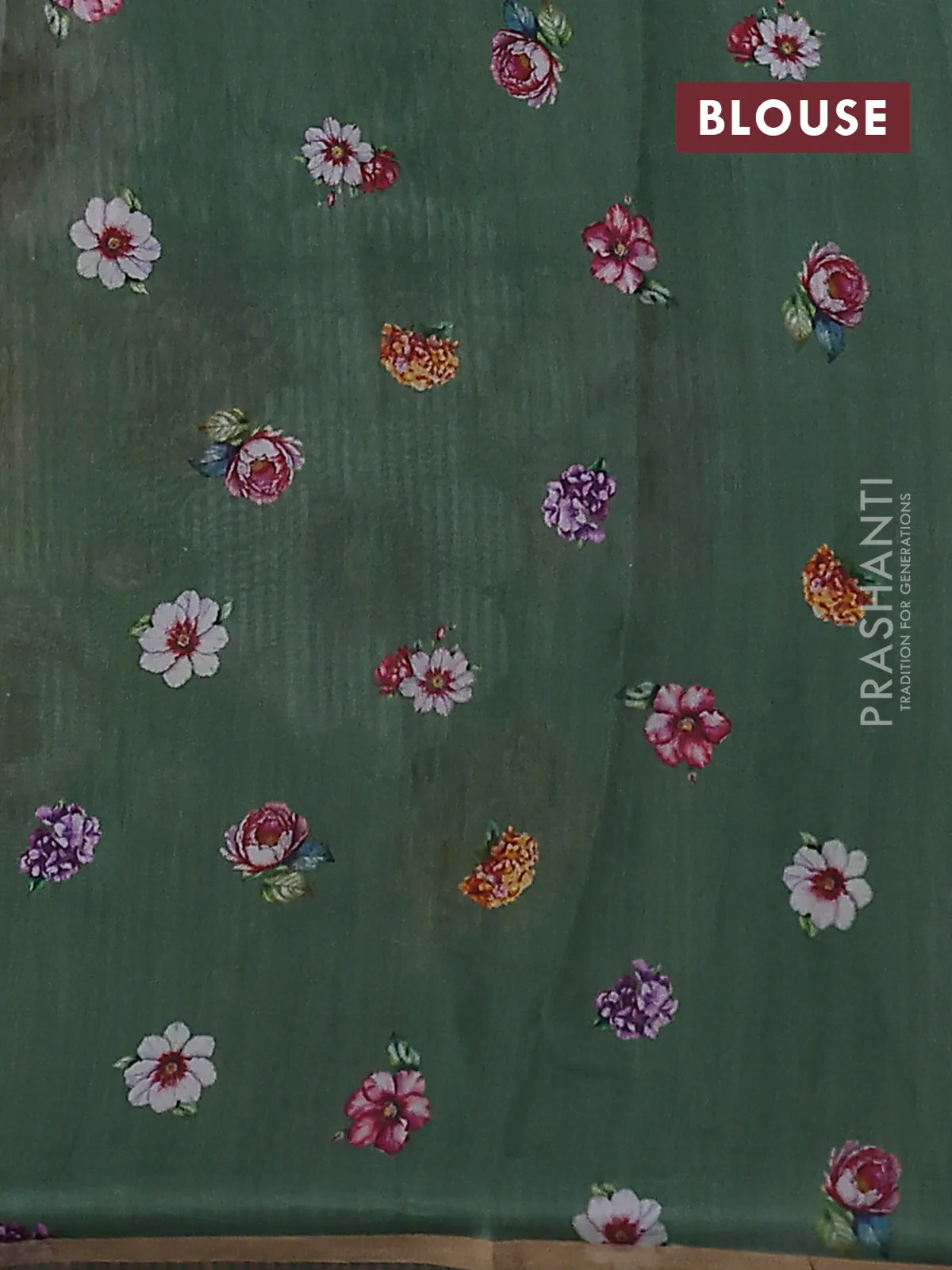 Pure organza silk saree green with floral digital prints & zari stripe pattern and zari woven piping border - Image 3