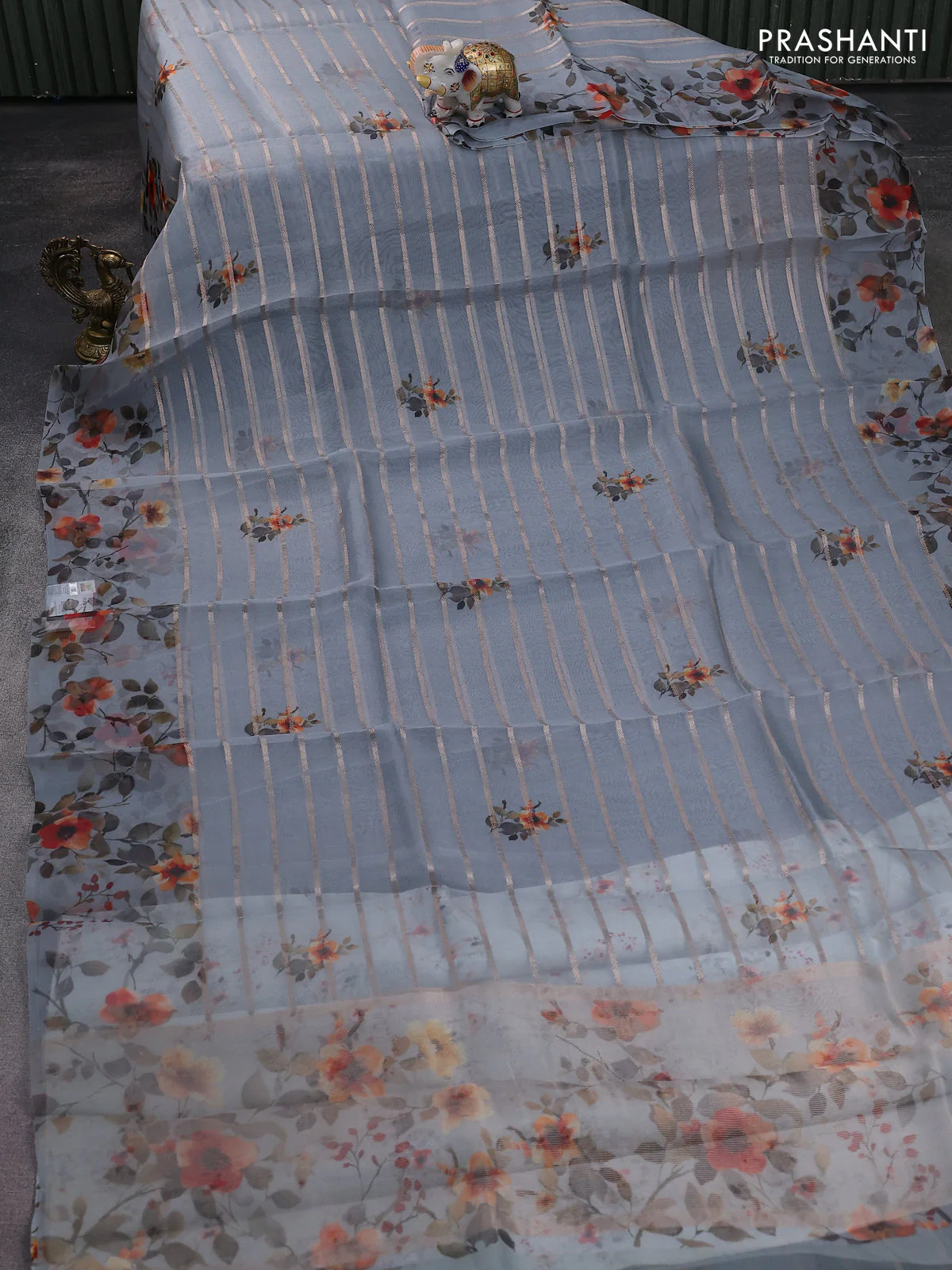 Pure organza silk saree grey with allover zari strip & floral digital prints and floral digital printed border - Image 2