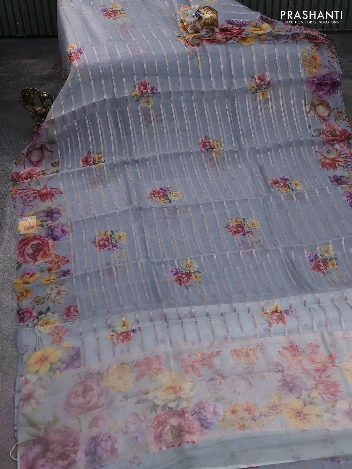 Pure organza silk saree grey with allover zari strip & floral digital prints and floral digital printed border - Image 2