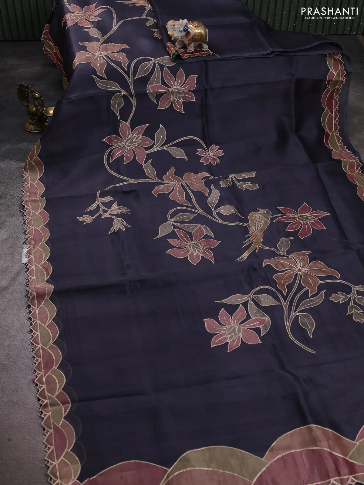 Pure organza silk saree grey with prints & pita work - Image 2