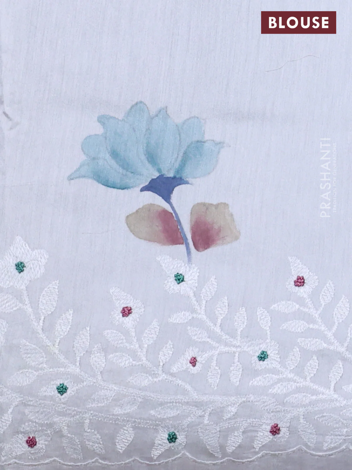 Pure organza silk saree greyish blue with allover floral hand painted prints and embroidery border - Image 3