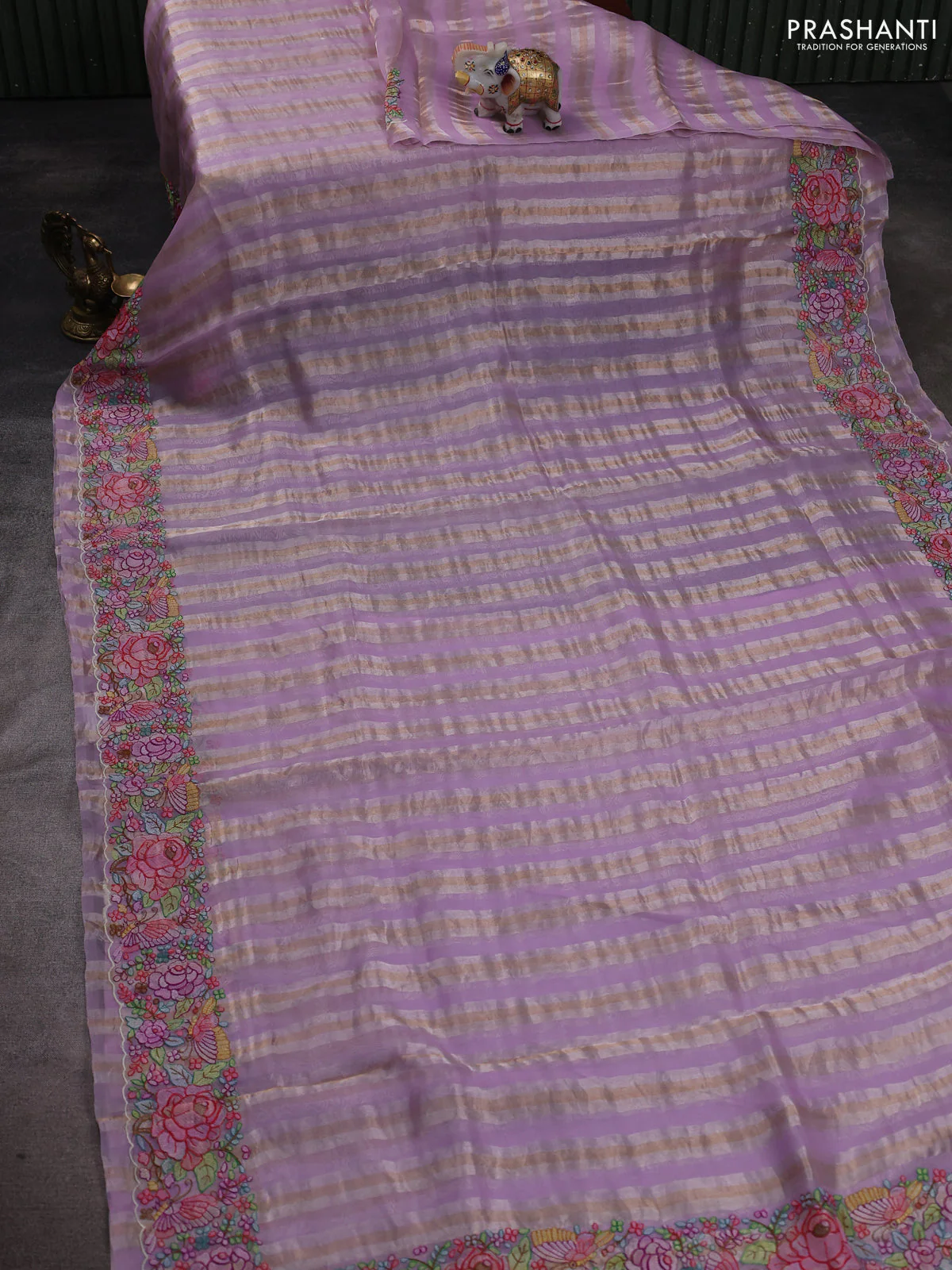 Pure organza silk saree lavender with allover silver & zari stripes pattern and floral embroidery border - Image 2