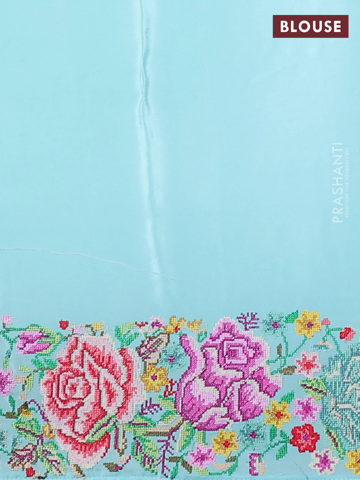 Pure organza silk saree light blue with embroidery work buttas and floral design embroidery border - Image 4