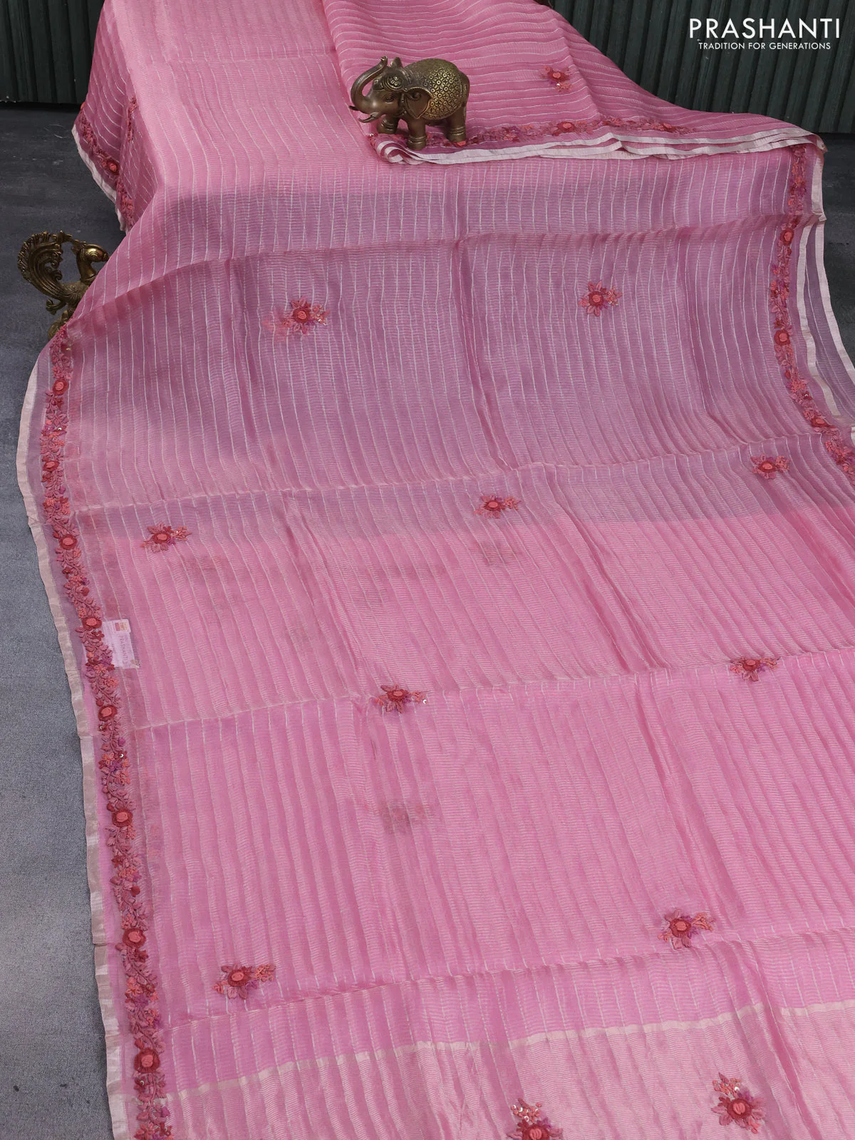 Pure organza silk saree light pink with allover stripes pattern & embroidery work buttas and embroidery sequin work border - Image 2