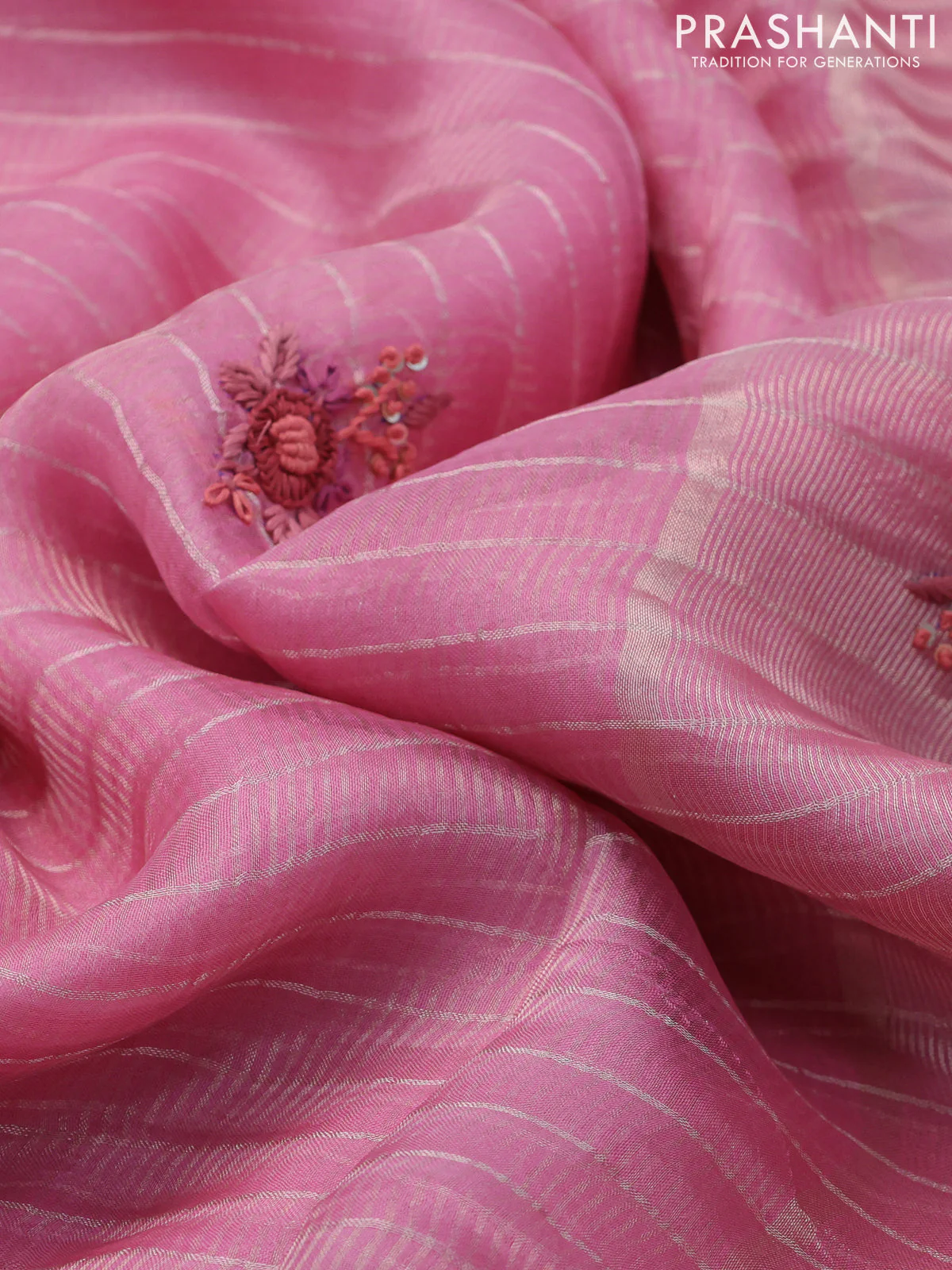 Pure organza silk saree light pink with allover stripes pattern & embroidery work buttas and embroidery sequin work border - Image 3