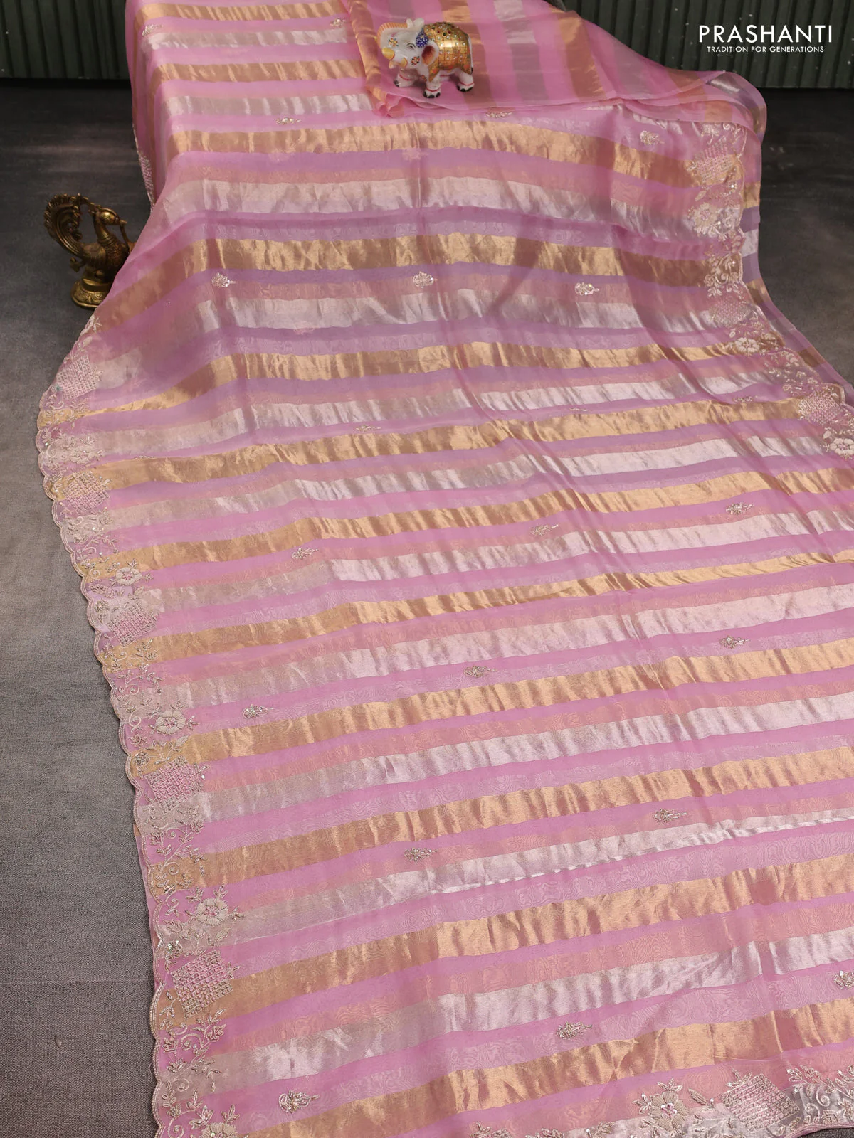 Pure organza silk saree light pink with allover zari stripe pattern & zardosi work and embroidery zardosi border - Image 2