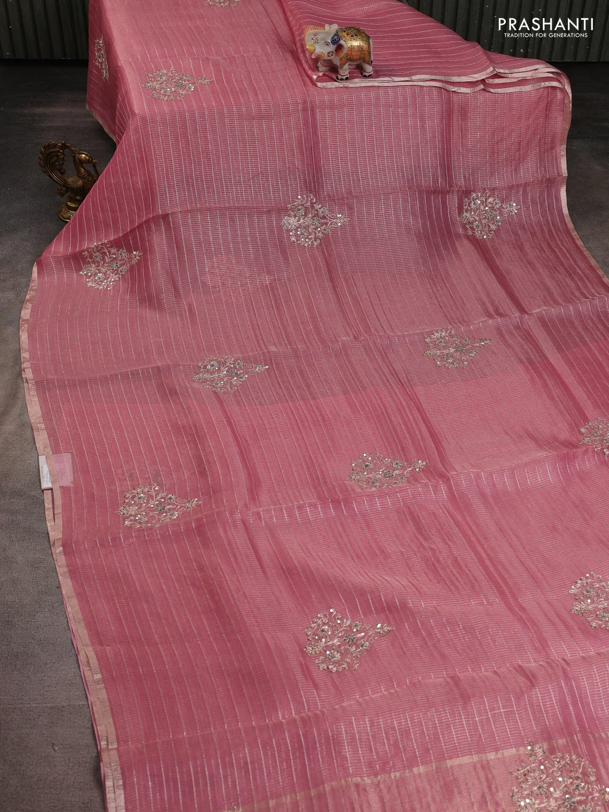 Pure organza silk saree light pink with allover zari stripe pattern & zardosi work and zari woven piping border - Image 2
