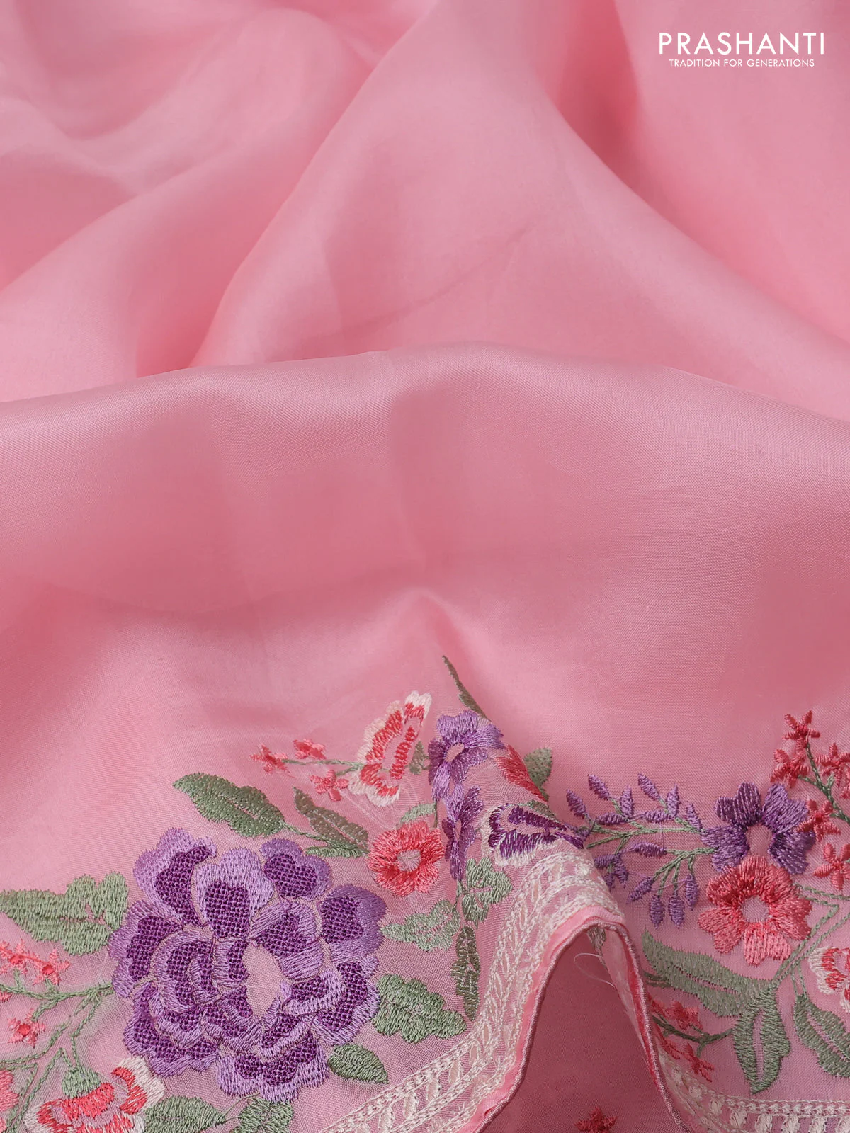 Pure organza silk saree light pink with plain body and floral design embroidery work border - Image 3