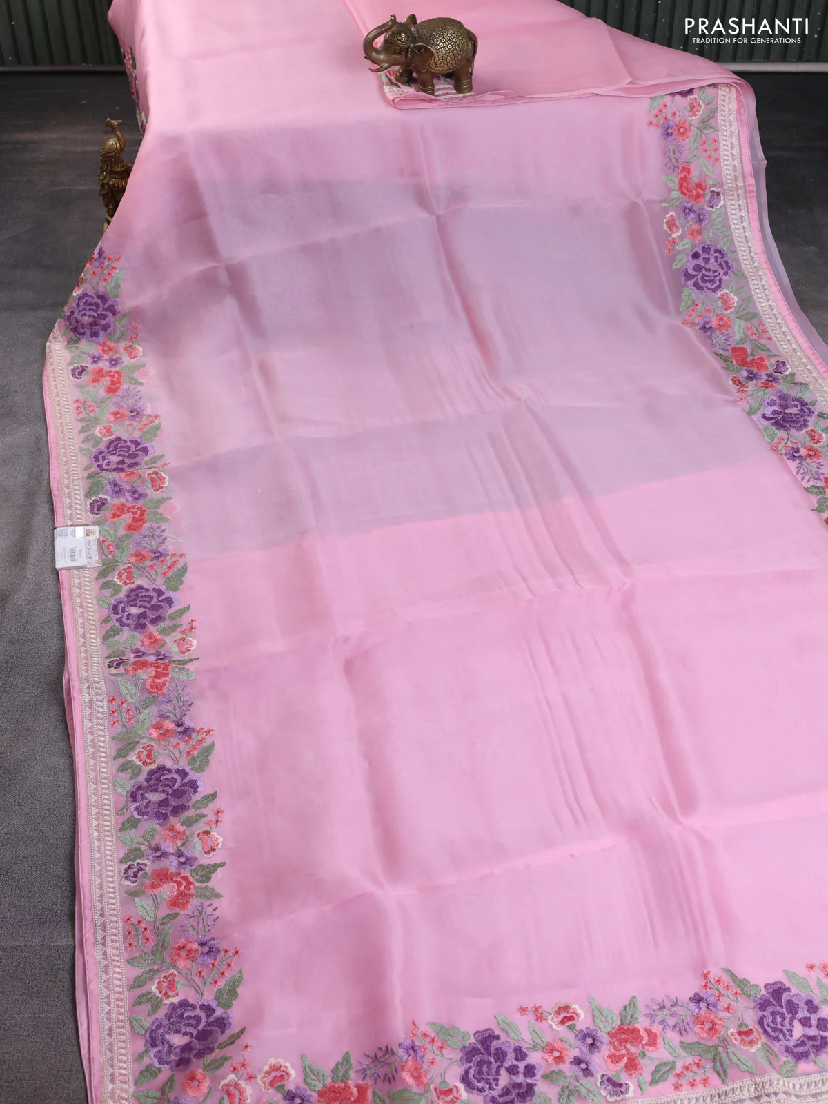 Pure organza silk saree light pink with plain body and floral embroidery border - Image 2