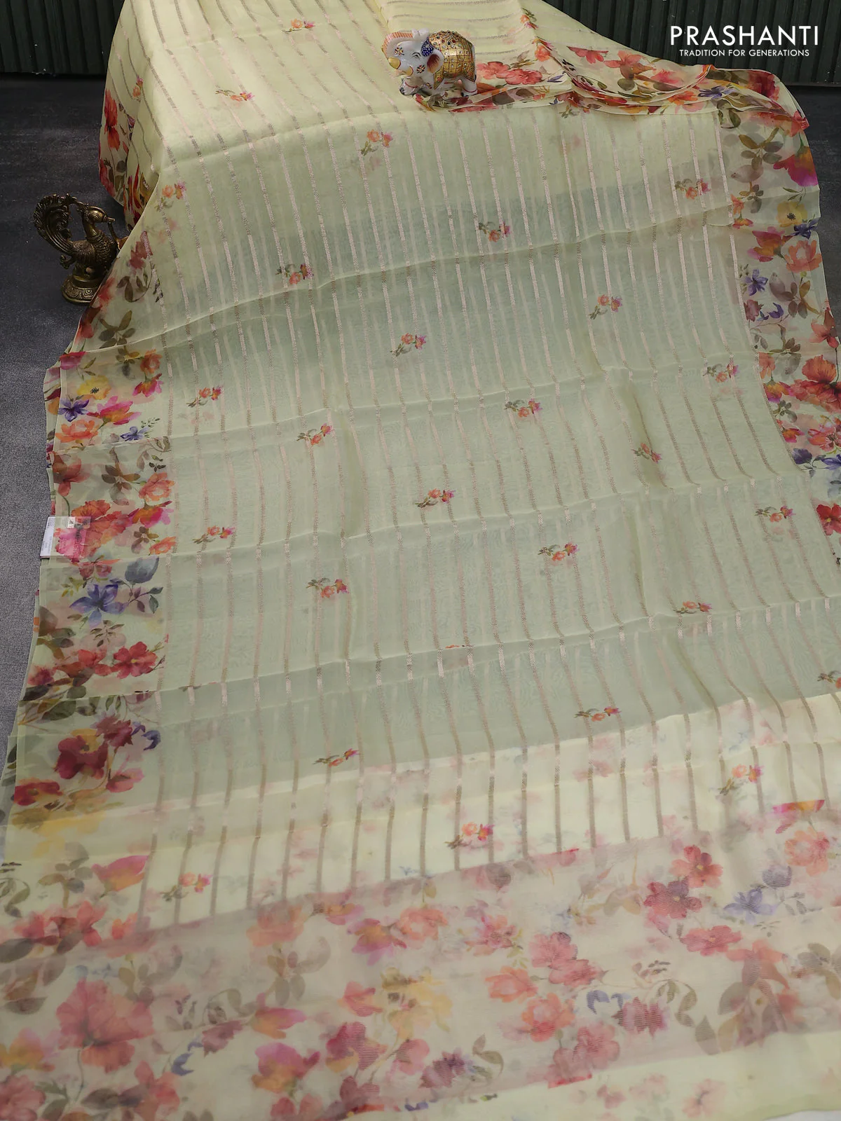 Pure organza silk saree lime yellow with allover zari strip & floral digital prints and floral digital printed border - Image 2