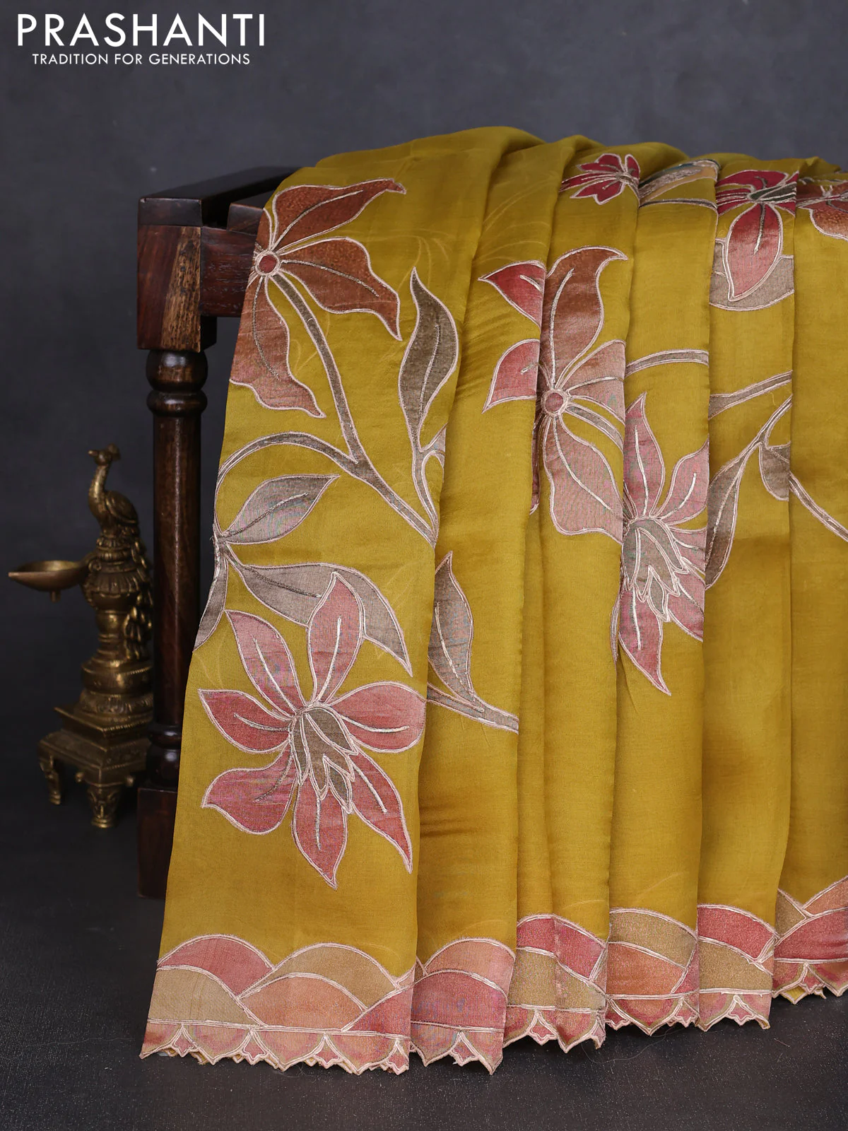 Pure organza silk saree lime yellow with prints & pita work