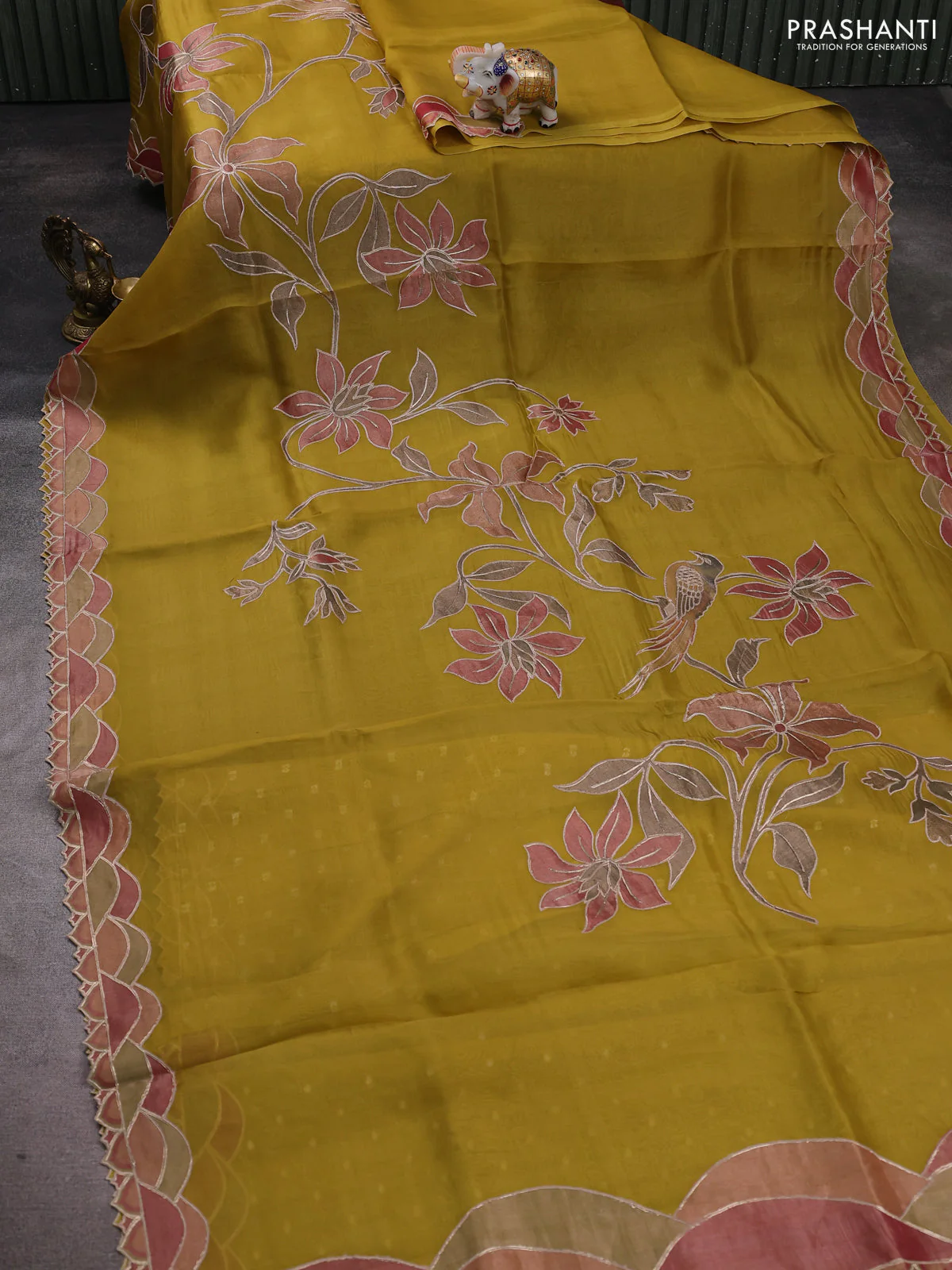 Pure organza silk saree lime yellow with prints & pita work - Image 2