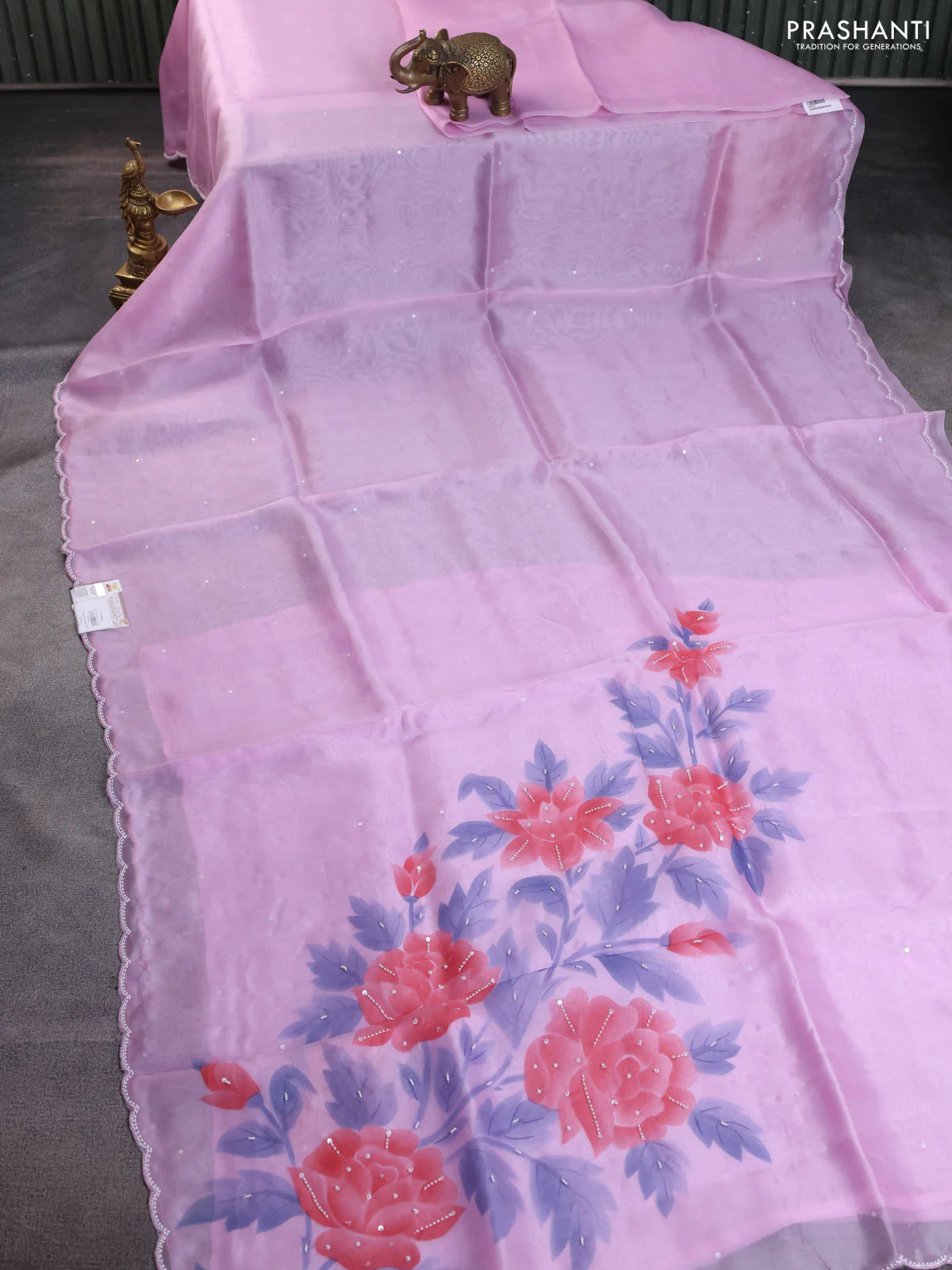 Pure organza silk saree lotus pink with sequin buttas and beaded work border - Image 2