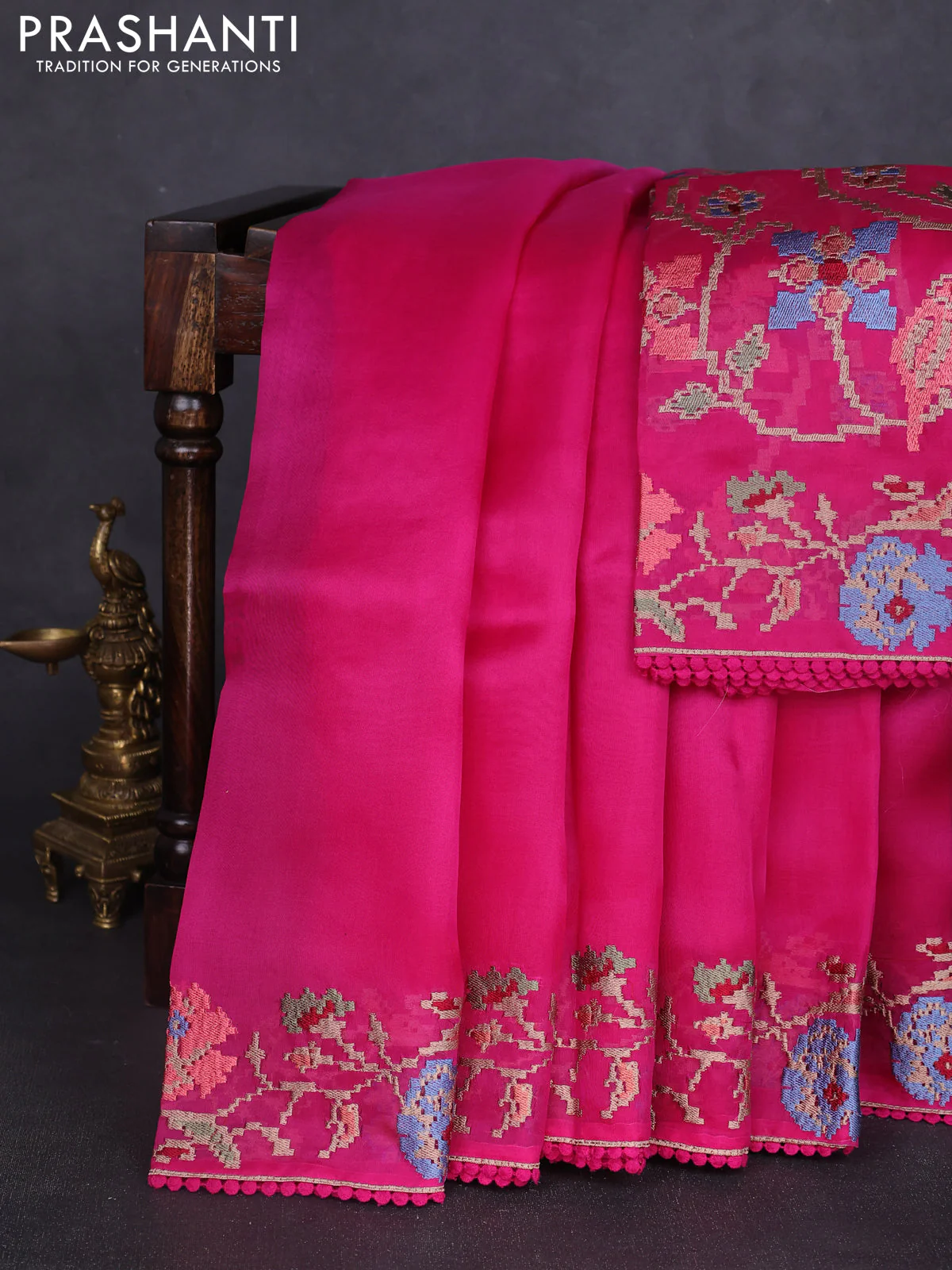 Pure organza silk saree magenta pink with plain body and embroidery border