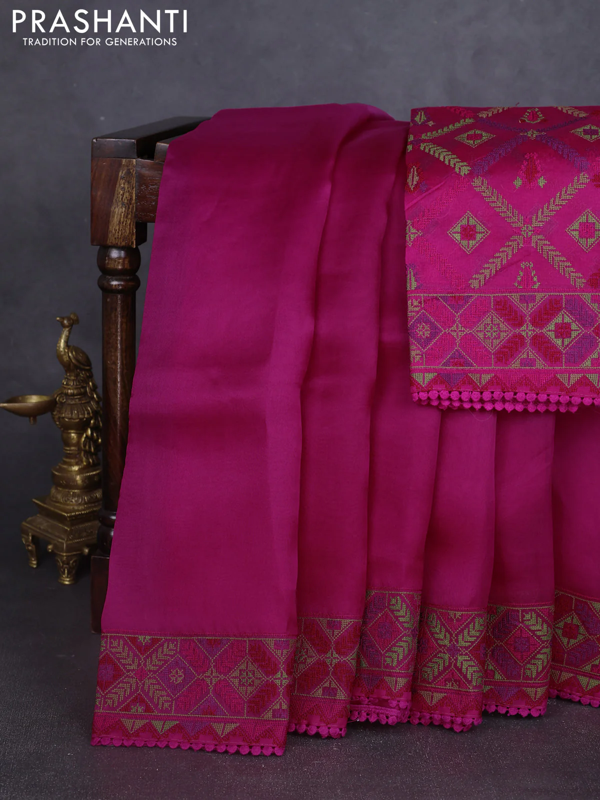 Pure organza silk saree magenta pink with plain body and embroidery work border