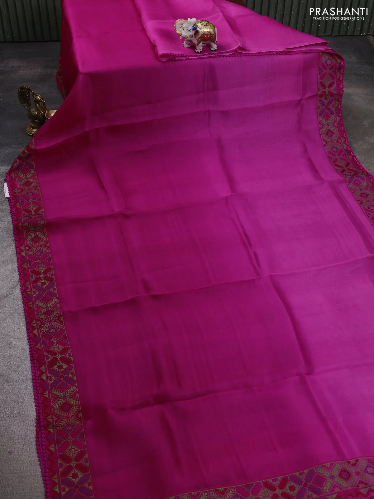 Pure organza silk saree magenta pink with plain body and embroidery work border - Image 2