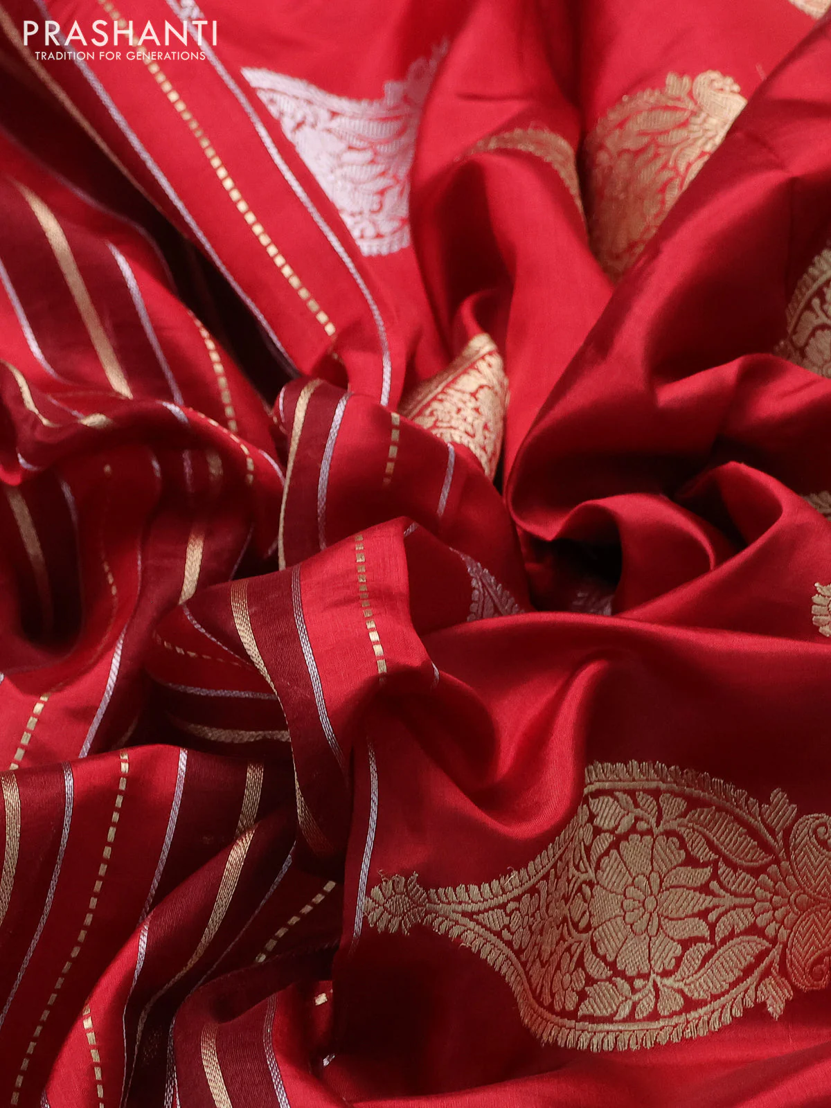 Pure organza silk saree maroon and red with allover zari woven stripes pattern in borderless style - Image 3