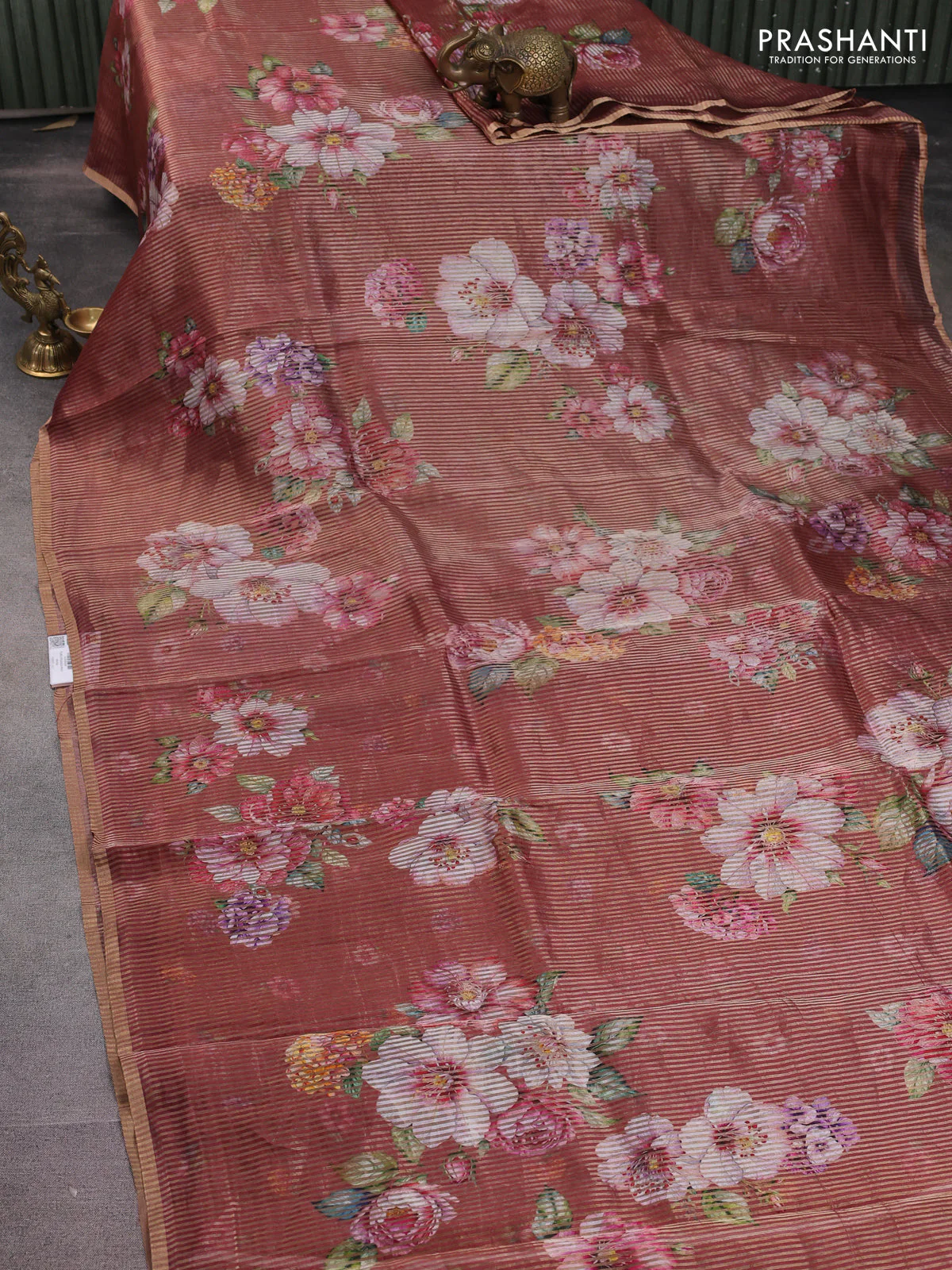 Pure organza silk saree maroon shade with floral digital prints & zari stripe pattern and zari woven piping border - Image 2