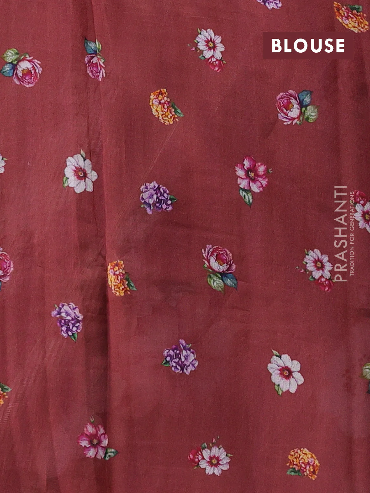 Pure organza silk saree maroon shade with floral digital prints & zari stripe pattern and zari woven piping border - Image 3