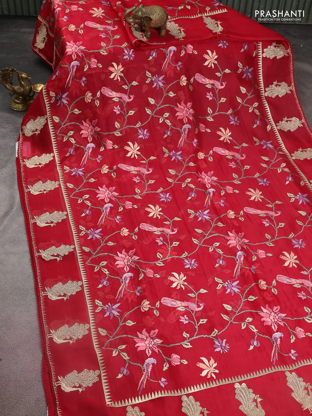 Pure organza silk saree maroon with allover embroidery and zari woven butta border - Image 2