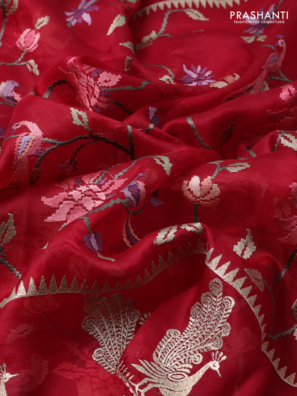 Pure organza silk saree maroon with allover embroidery and zari woven butta border - Image 3