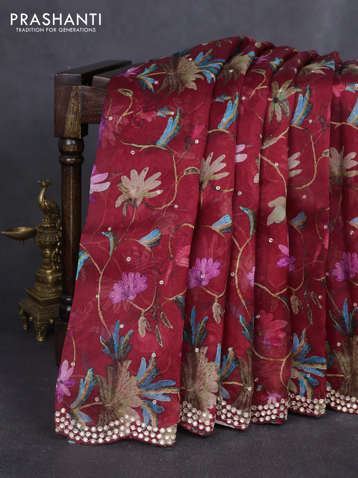 Pure organza silk saree maroon with allover prints & embroidery work and zardosi gotapatti work border