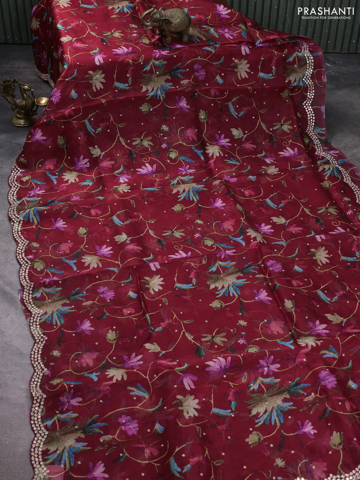 Pure organza silk saree maroon with allover prints & embroidery work and zardosi gotapatti work border - Image 2