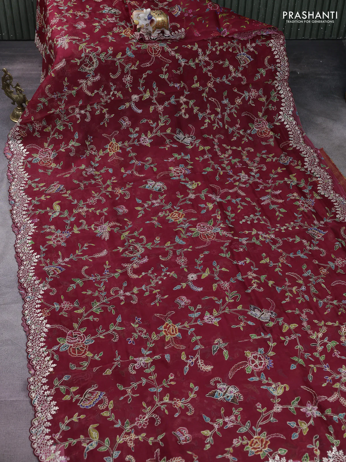 Pure organza silk saree maroon with allover prints & pita work and embroidery border - Image 2