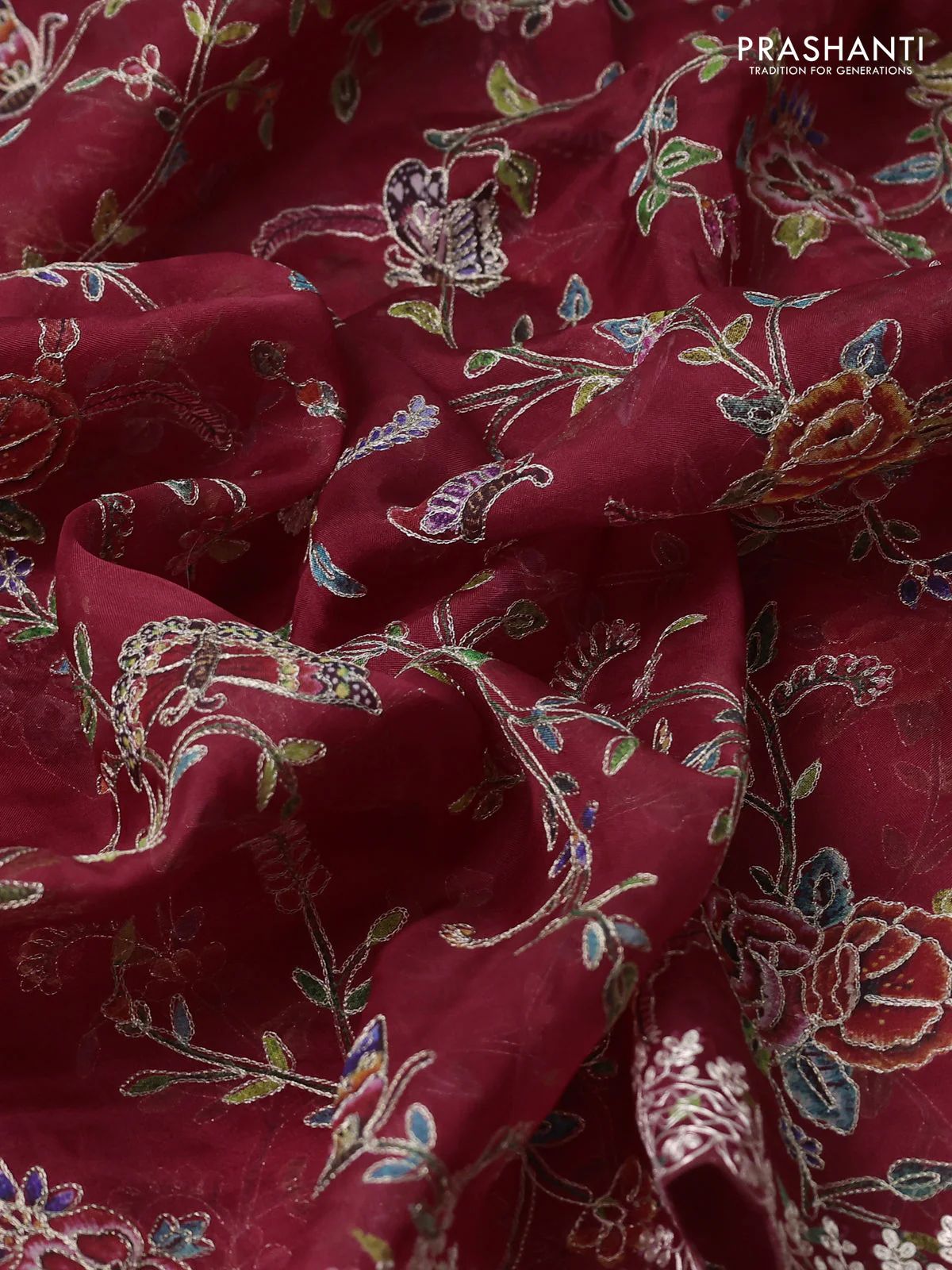 Pure organza silk saree maroon with allover prints & pita work and embroidery border - Image 3