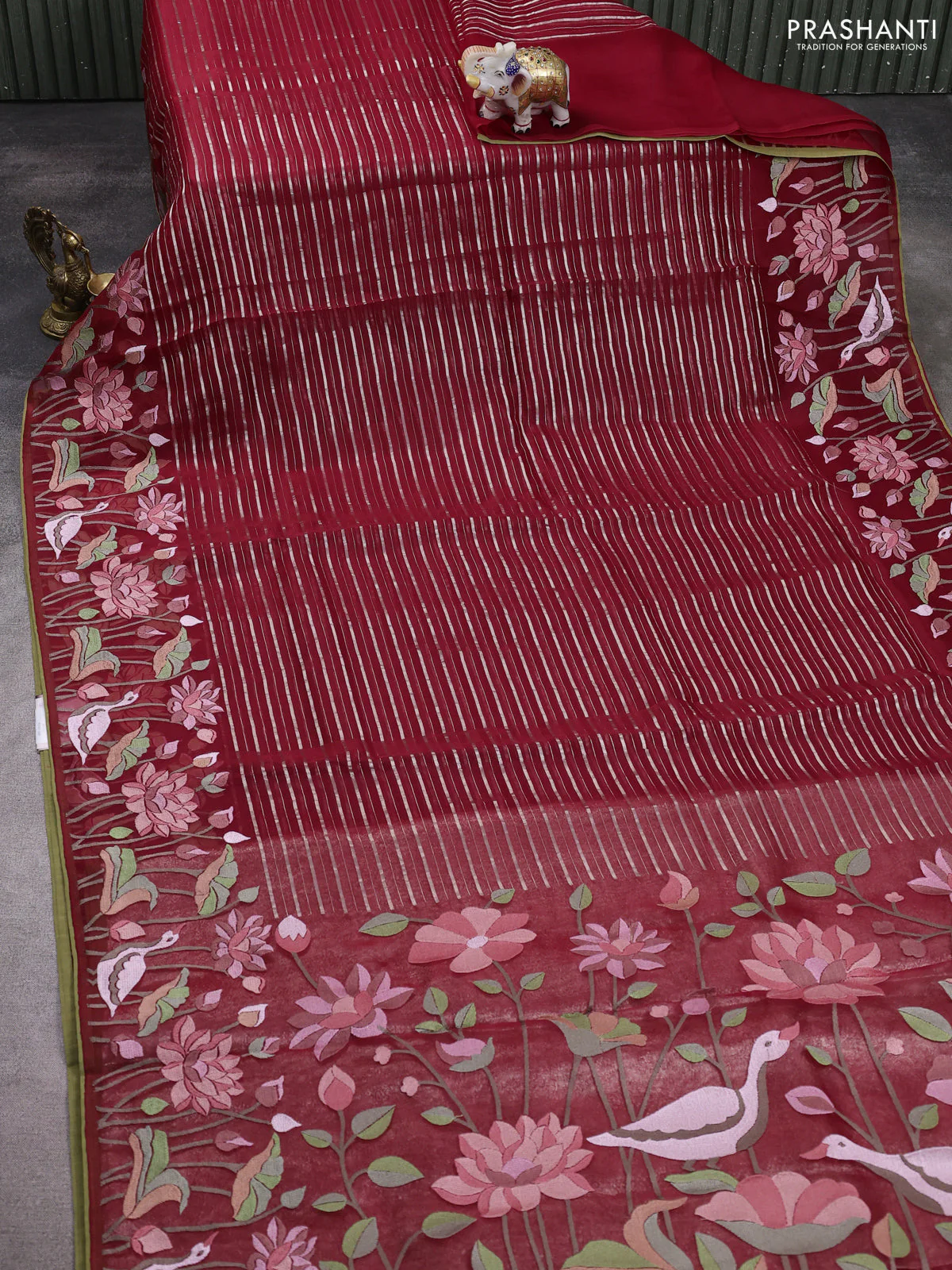 Pure organza silk saree maroon with allover silver zari weaves and floral embroidery border - Image 2