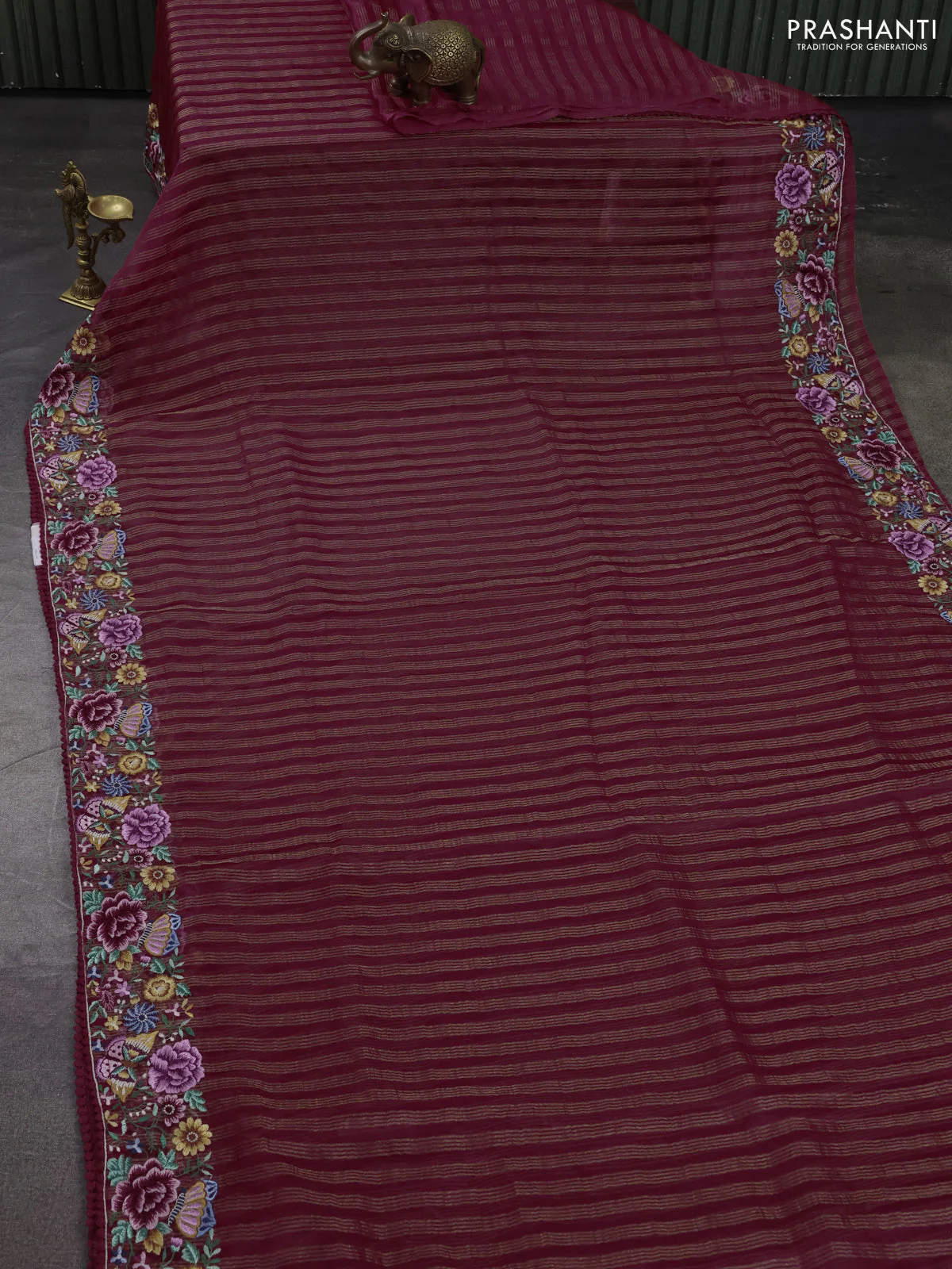 Pure organza silk saree maroon with allover zari stripes pattern and floral embroidery border - Image 2