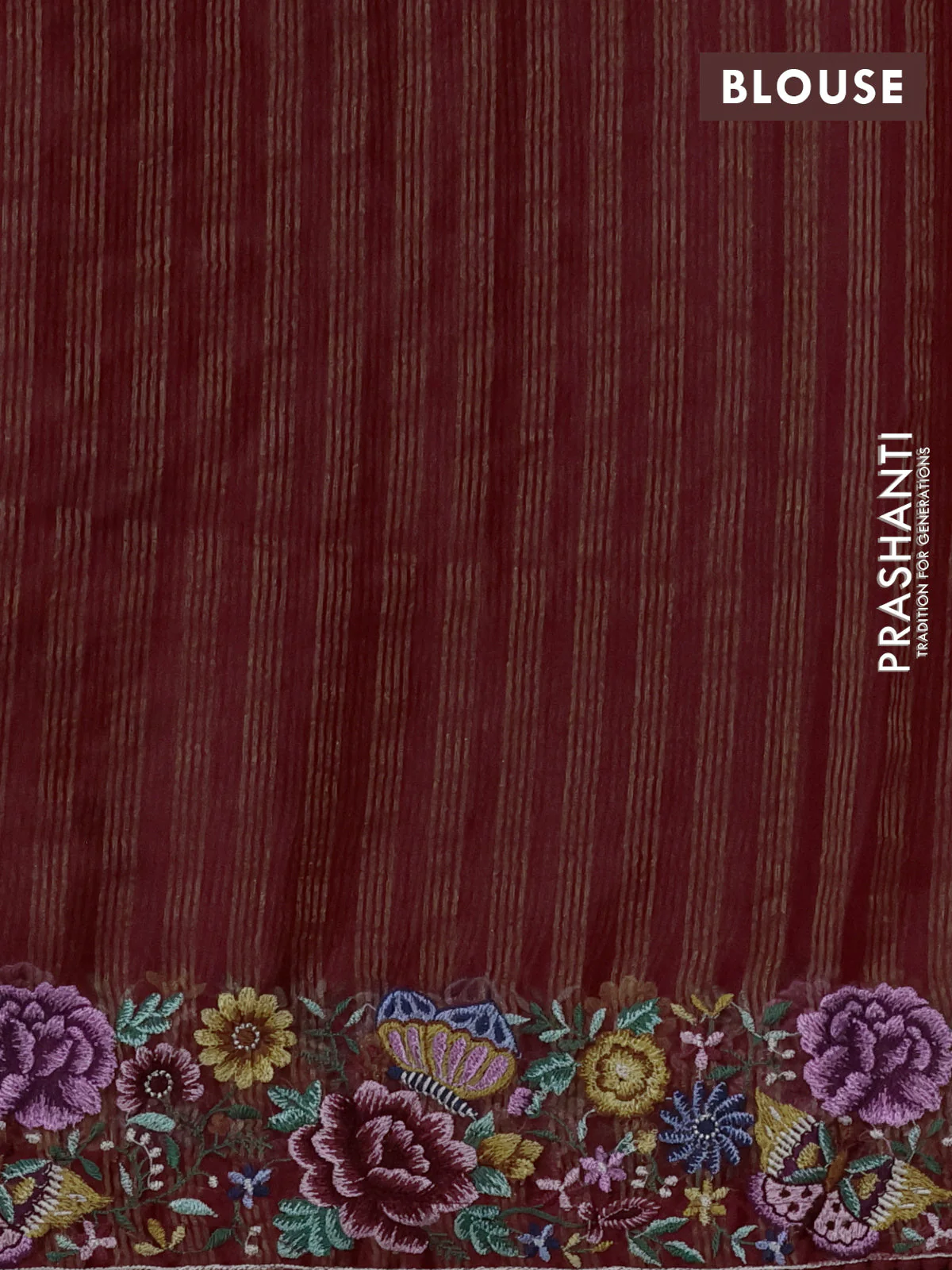 Pure organza silk saree maroon with allover zari stripes pattern and floral embroidery border - Image 3