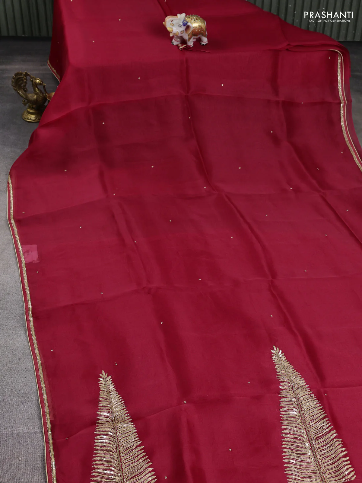 Pure organza silk saree maroon with embroidery zari buttas and sequin embroidered border - Image 2
