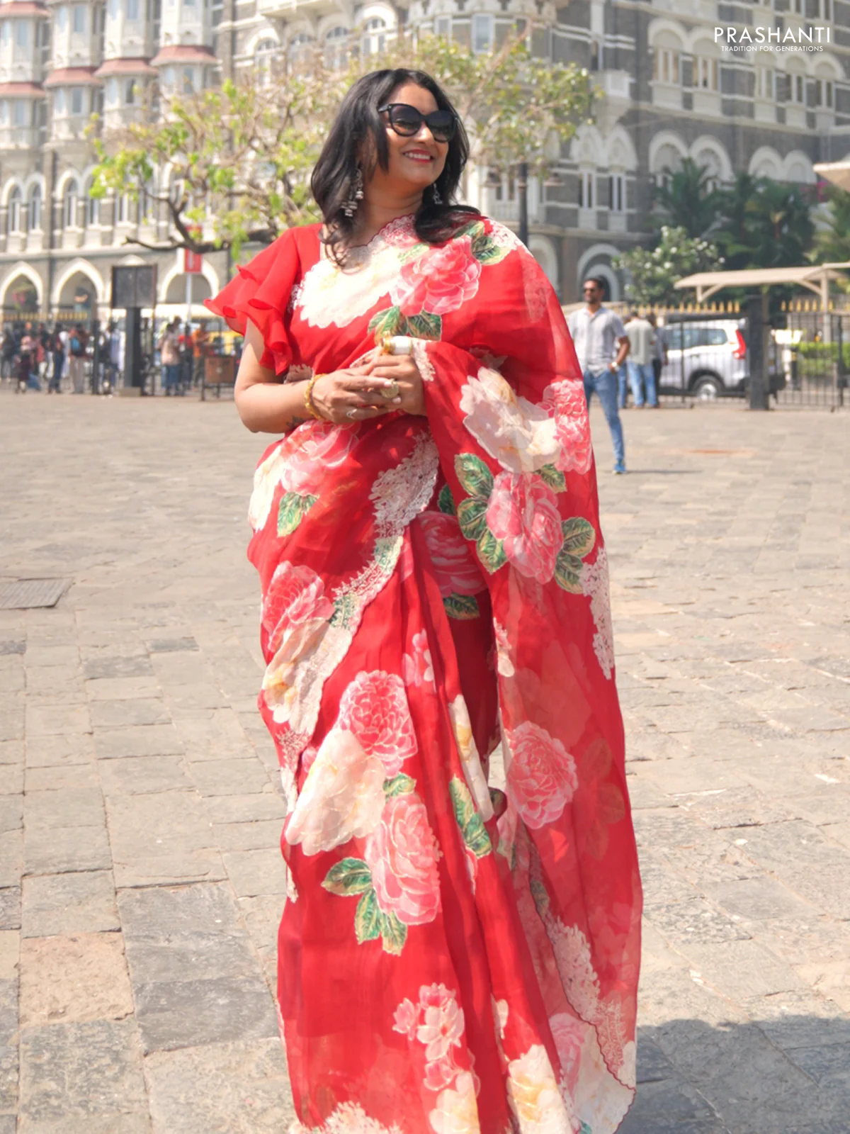 Pure organza silk saree maroon with floral digital prints & pita work and pita work border - Image 2