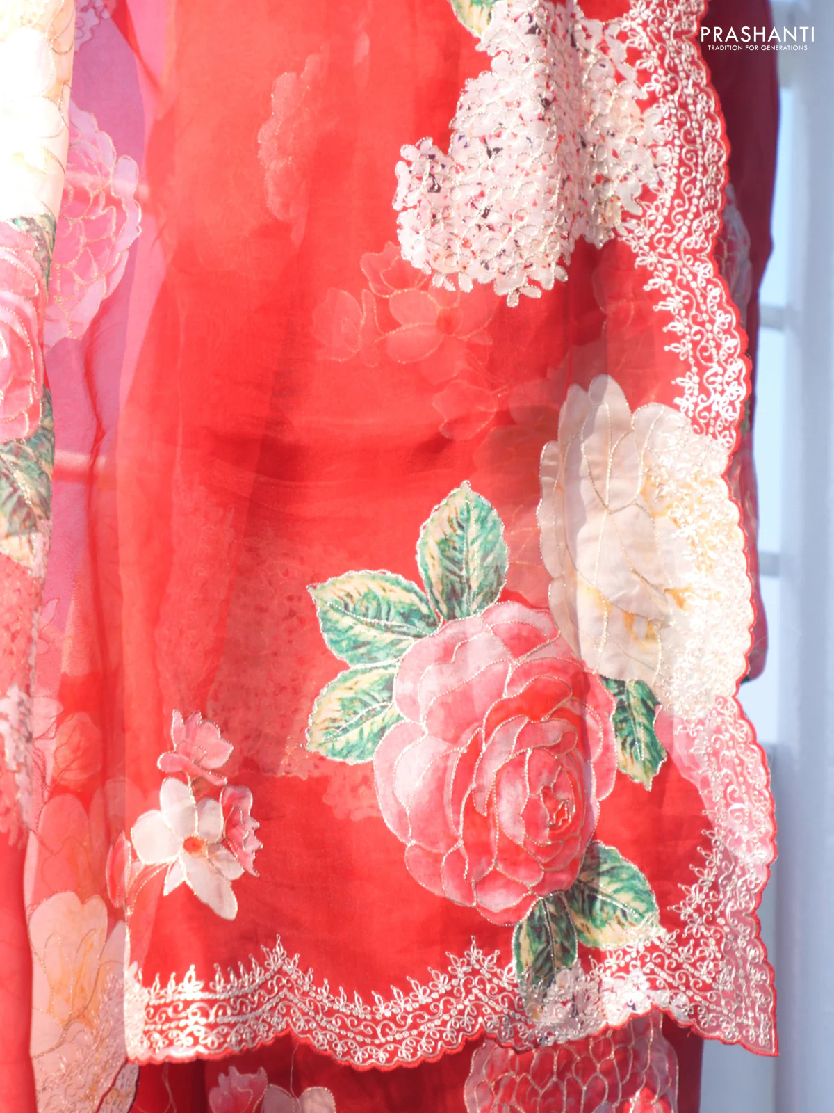 Pure organza silk saree maroon with floral digital prints & pita work and pita work border - Image 3
