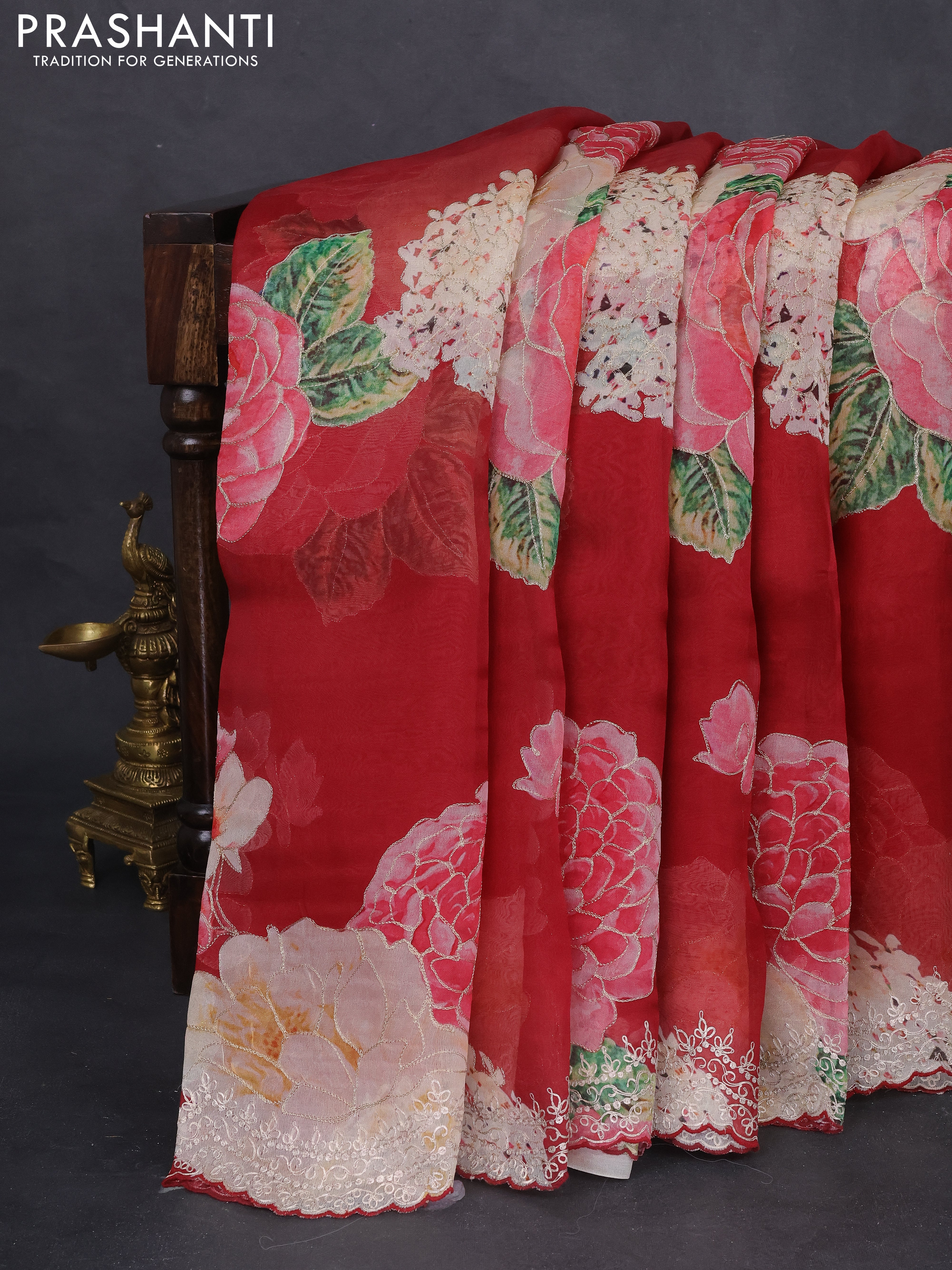 Pure organza silk saree maroon with floral digital prints & pita work and pita work border - Image 4