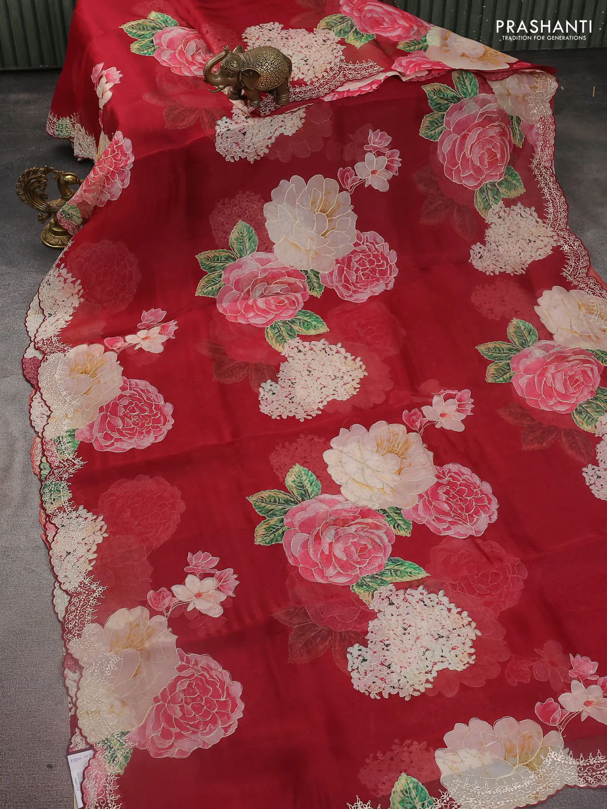 Pure organza silk saree maroon with floral digital prints & pita work and pita work border - Image 5