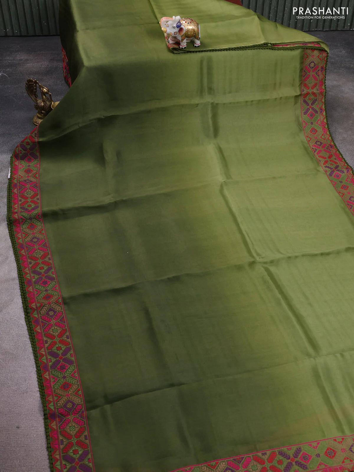 Pure organza silk saree mehendi green with plain body and embroidery work border - Image 2